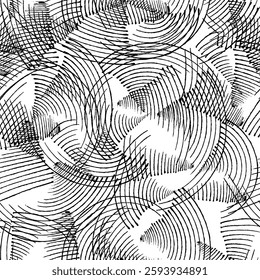 Abstract seamless vector pattern with curved and intersecting lines. Black ink artistic texture on a white background. Modern dynamic geometric design for fabric, wallpaper, packaging, and digital use