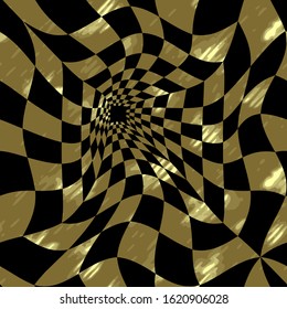 Abstract seamless vector pattern. Distorted space. Optical illusion. Black and gold. Graphic