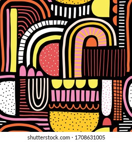 Abstract seamless vector pattern doodle shapes collage. Cute geometric shapes and doodles kids background pink red yellow orange on black. Modern backdrop for kids, fabric, home decor