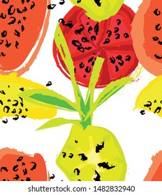 Abstract Seamless vector pattern with exotic fruits. Papaya, pineapple dry brush illustration.