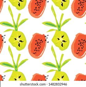 Abstract Seamless vector pattern with exotic fruits. Papaya, pineapple dry brush illustration.