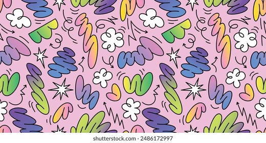 Abstract seamless vector pattern featuring groovy doodles, squiggle shapes and colorful gradients, evoking a playful, retro 70s vibe