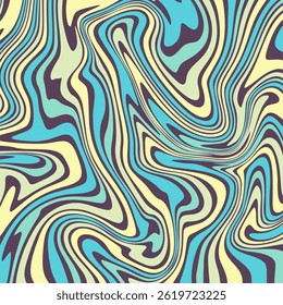 An abstract seamless vector pattern featuring fluid, wavy, and swirling lines in turquoise blue, cream yellow, and dark purple, creating a psychedelic, marbled effect. 