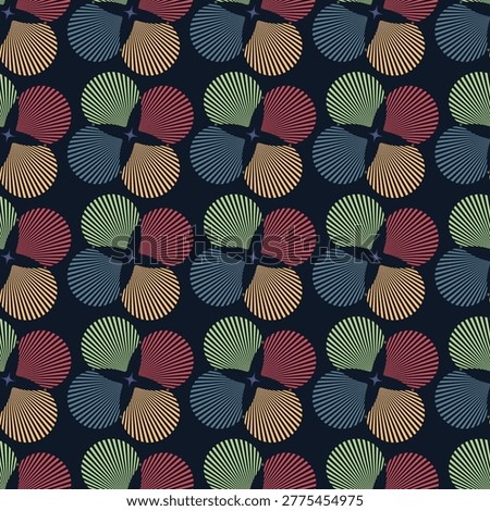 Abstract seamless vector pattern featuring colorful fan shaped geometric elements arranged in a repeating circular layout