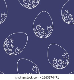 Abstract seamless vector pattern for a festive easter decoration. Light contour of eggs with a floral pattern on a dark blue-violet background. For prints of wrapping paper, fabric, cards. Spring 