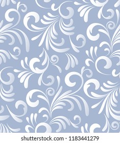 Abstract seamless vector pattern. Floral motif. Monochromatic. White gradient, isolated from light neutral blue background