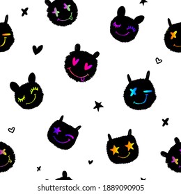 Abstract seamless vector pattern with fluffy emotions faces. Cartoon characters with stars and hearts eyes, happy and fun. Repeated kids wrapping paper.