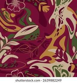Abstract seamless vector pattern with fluid stains and stylized botanical motifs. Earthy color scheme of burgundy, mustard, green, and cream. Contemporary bohemian style for textiles, design