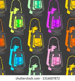 Abstract seamless vector pattern with Gas lantern with burning light for girls, boys, clothes. Creative background with dots, geometric figures Funny wallpaper for textile and fabric. Fashion style