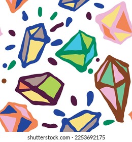 Abstract seamless vector pattern with gemstones decorative elements. Hand drawn background in boho style for textile print, fabric design, wallpaper and digital paper, wrapping.