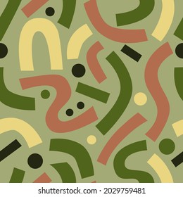 Abstract seamless vector pattern with geomtric objects in green yellow and pink color