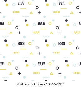 Abstract seamless vector pattern for girls, boys, clothes. Creative background with dots, geometric figures Funny wallpaper for textile and fabric. Fashion style. Colorful bright