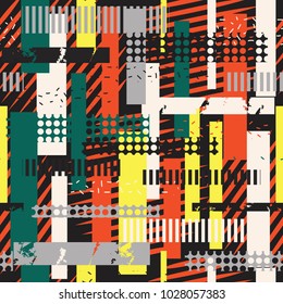 Abstract seamless vector pattern for girls, boys, clothes. Creative background with dots, geometric figures Funny wallpaper for textile and fabric. Fashion style. Colorful bright