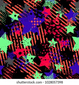Abstract seamless vector pattern for girls, boys, clothes. Creative background with dots, geometric figures Funny wallpaper for textile and fabric. Fashion style. Colorful bright
