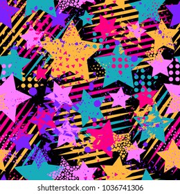 Abstract seamless vector pattern for girls, boys, clothes. Creative background with dots, geometric figures Funny wallpaper for textile and fabric. Fashion style. Colorful bright