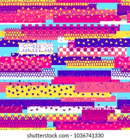 Abstract seamless vector pattern for girls, boys, clothes. Creative background with dots, geometric figures Funny wallpaper for textile and fabric. Fashion style. Colorful bright
