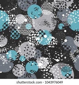 Abstract seamless vector pattern for girls, boys, clothes. Creative background with dots, geometric figures Funny wallpaper for textile and fabric. Fashion style. Colorful bright