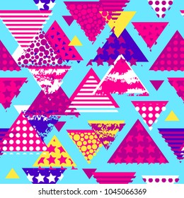 Abstract seamless vector pattern for girls, boys, clothes. Creative background with dots, geometric figures triangle Funny wallpaper for textile and fabric. Fashion style. Colorful bright