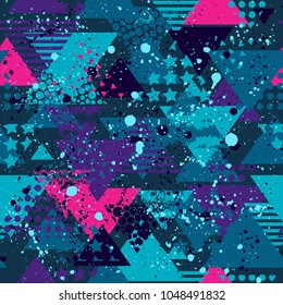 Abstract seamless vector pattern for girls, boys, clothes. Creative background with dots, geometric figures triangle Funny wallpaper for textile and fabric. Fashion style. Colorful bright