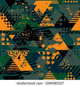Abstract seamless vector pattern for girls, boys, clothes. Creative background with dots, geometric figures triangle Funny wallpaper for textile and fabric. Fashion style. Colorful bright