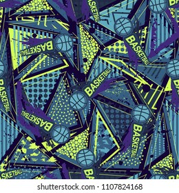 Abstract seamless vector pattern for girls, boys, clothes. Creative Basketball background with dots, geometric figures Funny wallpaper for textile and fabric. Fashion style. Colorful bright