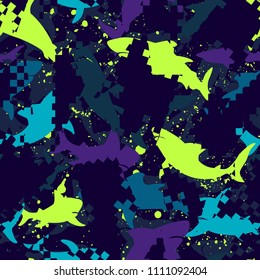 Abstract seamless vector pattern for girls, boys, clothes. Creative background with sharks. Funny wallpaper for textile and fabric. Fashion style. Colorful bright