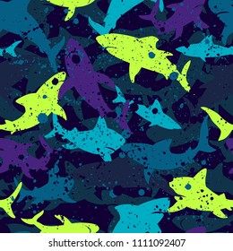 Abstract seamless vector pattern for girls, boys, clothes. Creative background with sharks. Funny wallpaper for textile and fabric. Fashion style. Colorful bright