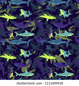 Abstract seamless vector pattern for girls, boys, clothes. Creative background with sharks. Funny wallpaper for textile and fabric. Fashion style. Colorful bright