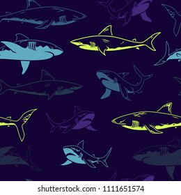 Abstract seamless vector pattern for girls, boys, clothes. Creative background with sharks. Funny wallpaper for textile and fabric. Fashion style. Colorful bright