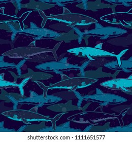 Abstract seamless vector pattern for girls, boys, clothes. Creative background with sharks. Funny wallpaper for textile and fabric. Fashion style. Colorful bright