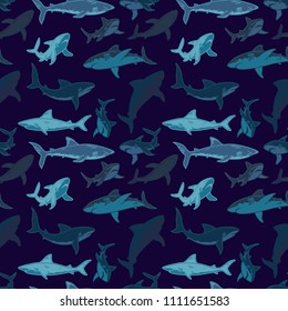 Abstract seamless vector pattern for girls, boys, clothes. Creative background with sharks. Funny wallpaper for textile and fabric. Fashion style. Colorful bright