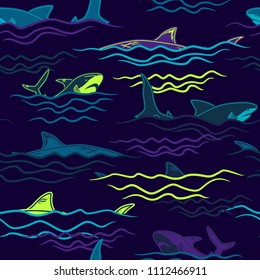 Abstract seamless vector pattern for girls, boys, clothes. Creative background with sharks. Funny wallpaper for textile and fabric. Fashion style. Colorful bright