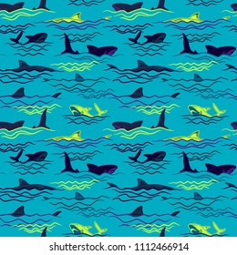 Abstract seamless vector pattern for girls, boys, clothes. Creative background with sharks. Funny wallpaper for textile and fabric. Fashion style. Colorful bright