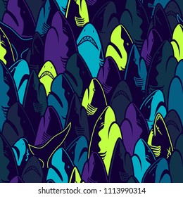 Abstract seamless vector pattern for girls, boys, clothes. Creative background with sharks. Funny wallpaper for textile and fabric. Fashion style. Colorful bright