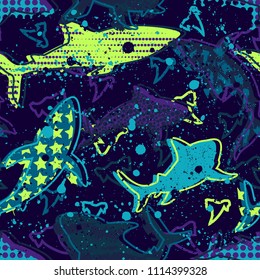 Abstract seamless vector pattern for girls, boys, clothes. Creative background with sharks. Funny wallpaper for textile and fabric. Fashion style. Colorful bright