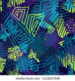 Abstract seamless vector pattern for girls, boys, clothes. Creative background with dots, geometric figures Funny wallpaper for textile and fabric. Fashion style. Colorful bright