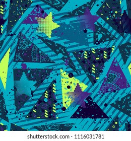 Padrão de vetor sem emenda abstrato para meninas, meninos, roupas. Fundo criativo com pontos, figuras geométricas Papel de parede engraçado para têxtil e tecido. Estilo de moda. Colorido brilhante