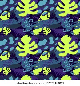 Abstract seamless vector pattern for girls, boys, clothes. Creative background with dots, Tropical figures Funny wallpaper for textile and fabric. Fashion style. Colorful bright