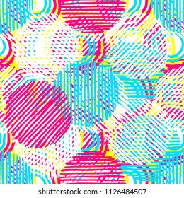 Abstract seamless vector pattern for girls, boys, clothes. Creative background with dots, geometric figures Funny wallpaper for textile and fabric. Fashion style. Colorful bright