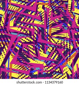 Abstract seamless vector pattern for girls, boys, clothes. Creative background with dots, geometric figures Funny wallpaper for textile and fabric. Fashion style. Colorful bright