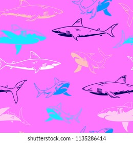 Abstract seamless vector pattern for girls, boys, clothes. Creative background with sharks. Funny wallpaper for textile and fabric. Fashion style. Colorful bright