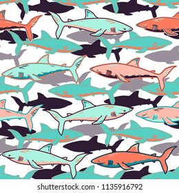 Abstract seamless vector pattern for girls, boys, clothes. Creative background with sharks. Funny wallpaper for textile and fabric. Fashion style. Colorful bright