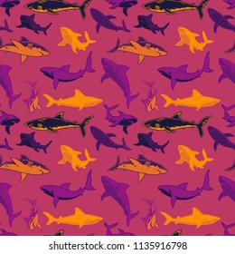 Abstract seamless vector pattern for girls, boys, clothes. Creative background with sharks. Funny wallpaper for textile and fabric. Fashion style. Colorful bright