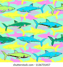 Abstract seamless vector pattern for girls, boys, clothes. Creative background with sharks. Funny wallpaper for textile and fabric. Fashion style. Colorful bright