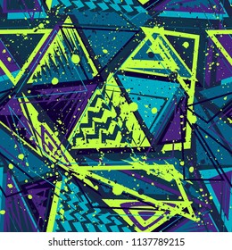 Padrão de vetor sem emenda abstrato para meninas, meninos, roupas. Fundo criativo com pontos, figuras geométricas triângulo. Papel de parede engraçado para têxtil e tecido. Estilo de moda. Colorido brilhante