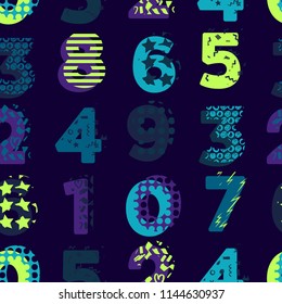 Abstract seamless vector pattern for girls, boys, clothes. Creative background with digits, number, geometric figures Funny wallpaper for textile and fabric. Fashion style. Colorful bright
