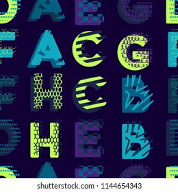 Abstract seamless vector pattern for girls, boys, clothes. Creative background with alphabet, letters, geometric figures Funny wallpaper for textile and fabric. Fashion style. Colorful bright