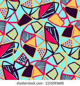Abstract seamless vector pattern for girls, boys, clothes. Creative background with dots, geometric figures Funny wallpaper for textile and fabric. Fashion style. Colorful bright