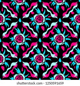 Abstract seamless vector pattern for girls, boys, clothes. Creative background with roses figures. Funny wallpaper for textile and fabric. Fashion style. Colorful bright