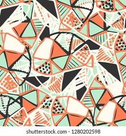 Abstract seamless vector pattern for girls, boys, clothes. Creative background with dots, geometric figures Funny wallpaper for textile and fabric. Fashion style. Colorful bright